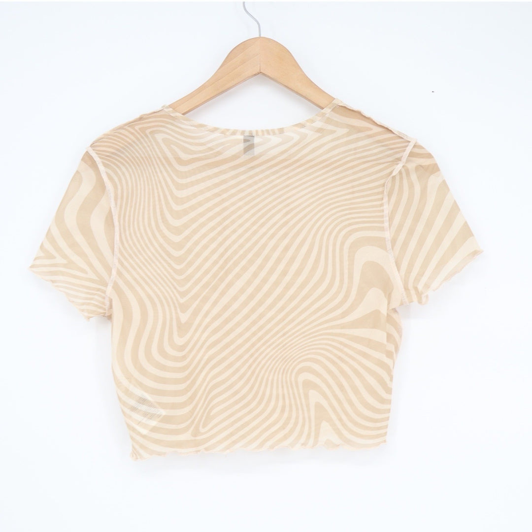 H&M Divided Womens Beige Swirl Mesh Crop Top Short Sleeve Psychedelic Large