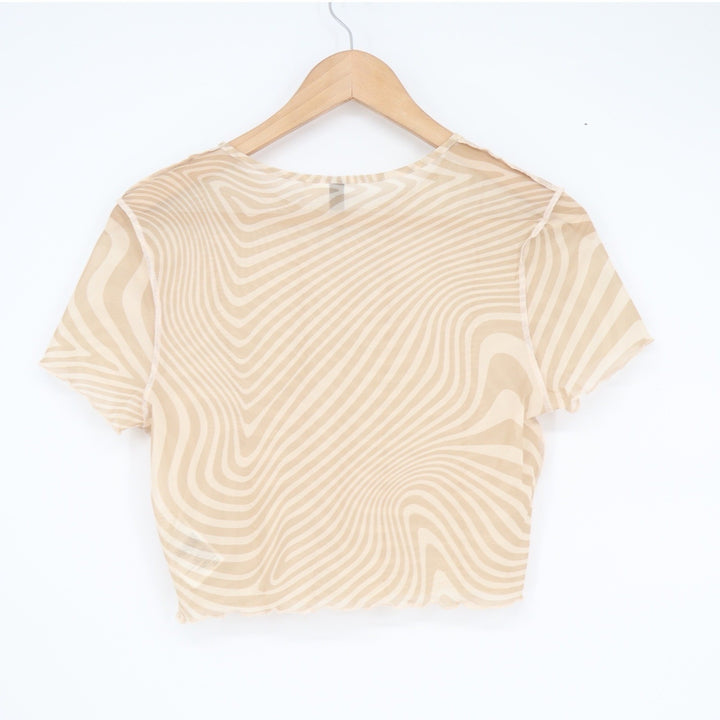 H&M Divided Womens Beige Swirl Mesh Crop Top Short Sleeve Psychedelic Large