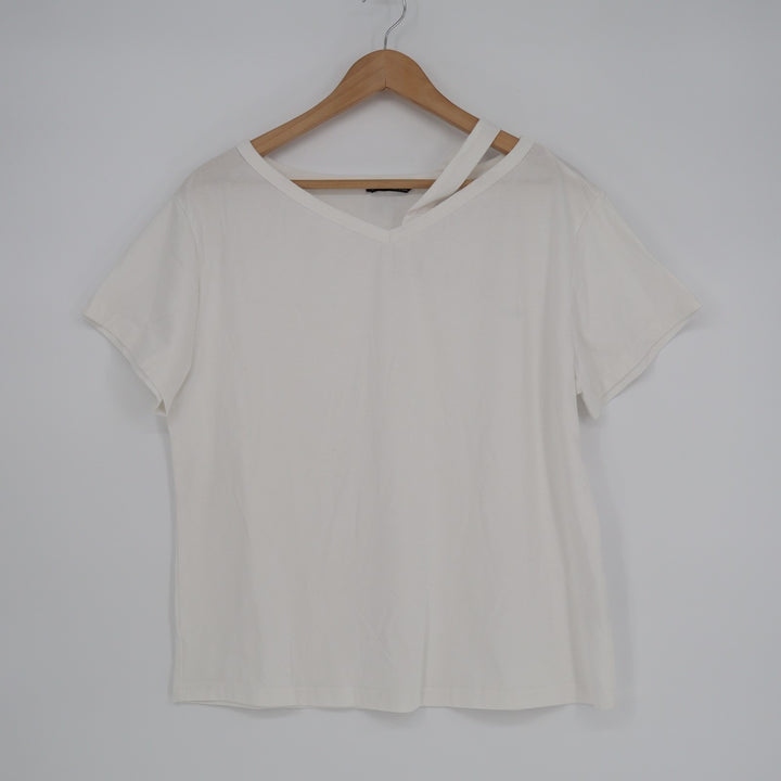 Shein T Shirt Womens Large 8/10 White Soft Jersey Knit V Neck Casual Wear Top