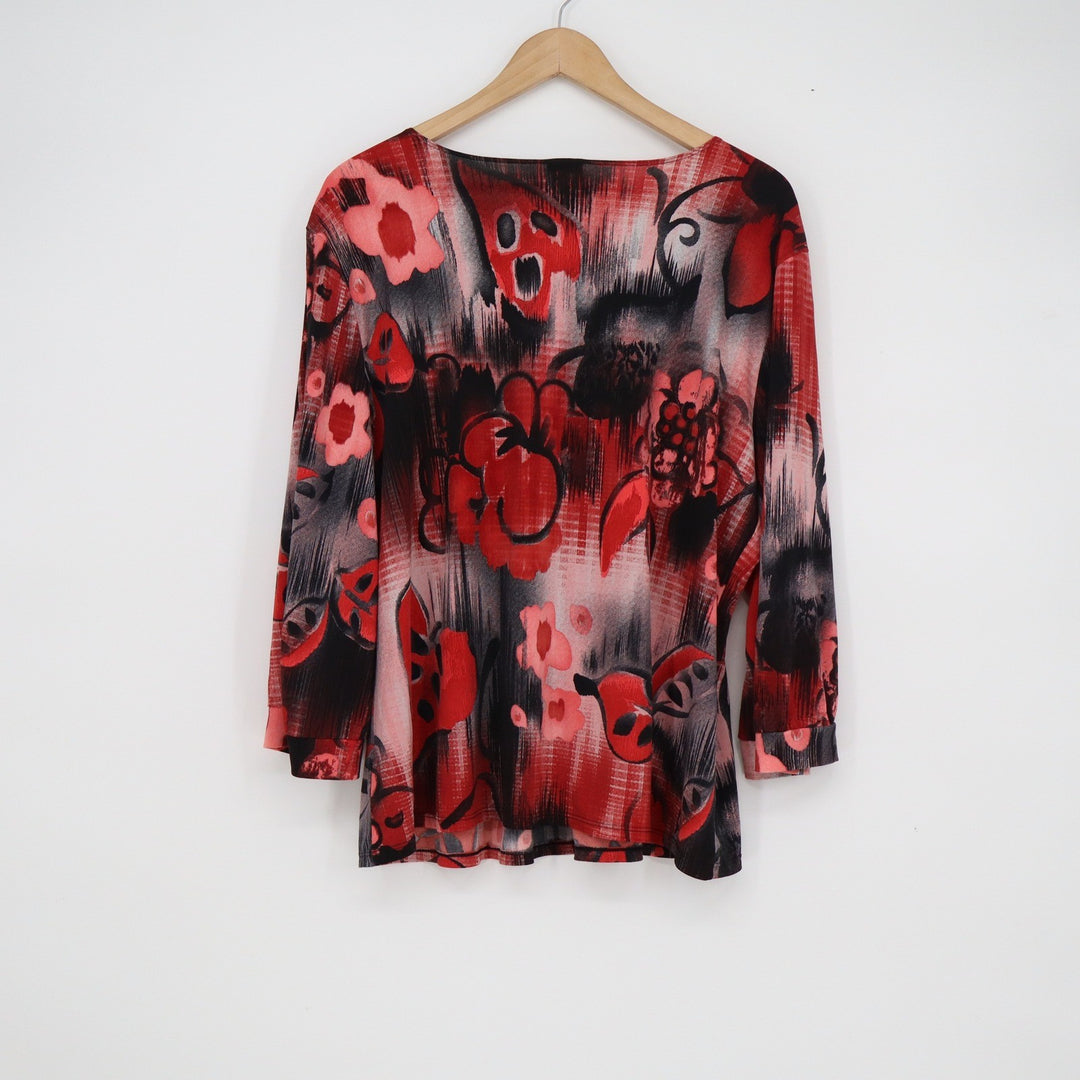 Covington Womens XL Red Black Abstract Floral Beaded Scoop Neck 3/4 Sleeve
