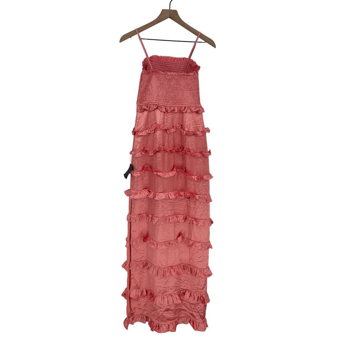 Lulus Sincerely Fabulous Peach Pink Satin Smocked Ruffled Maxi Dress Size M