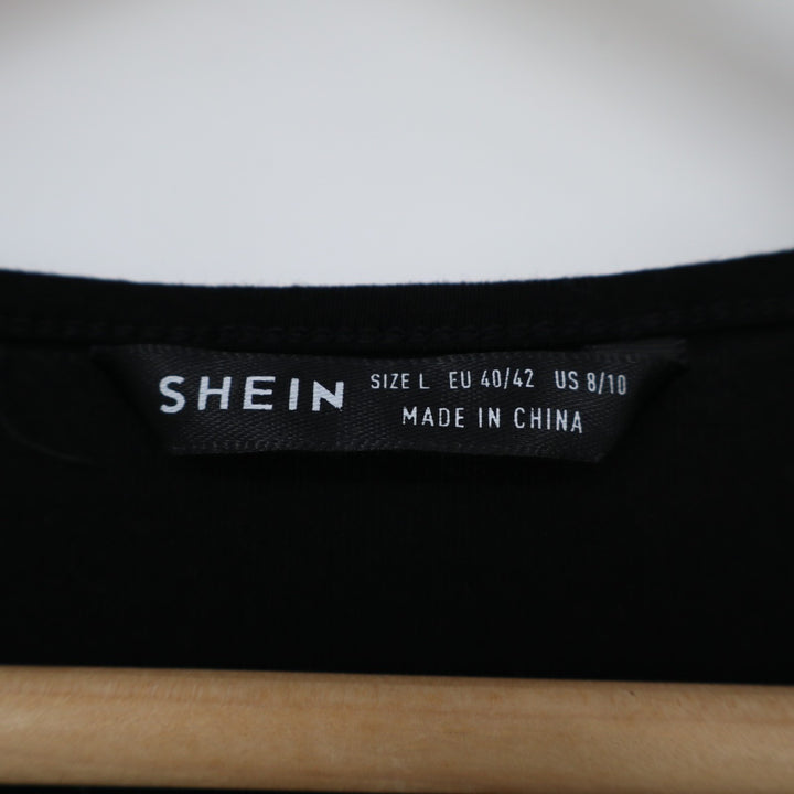 Shein Bodysuit Womens Large Black Stretch Rib Knit Pleated Split Neck One Piece