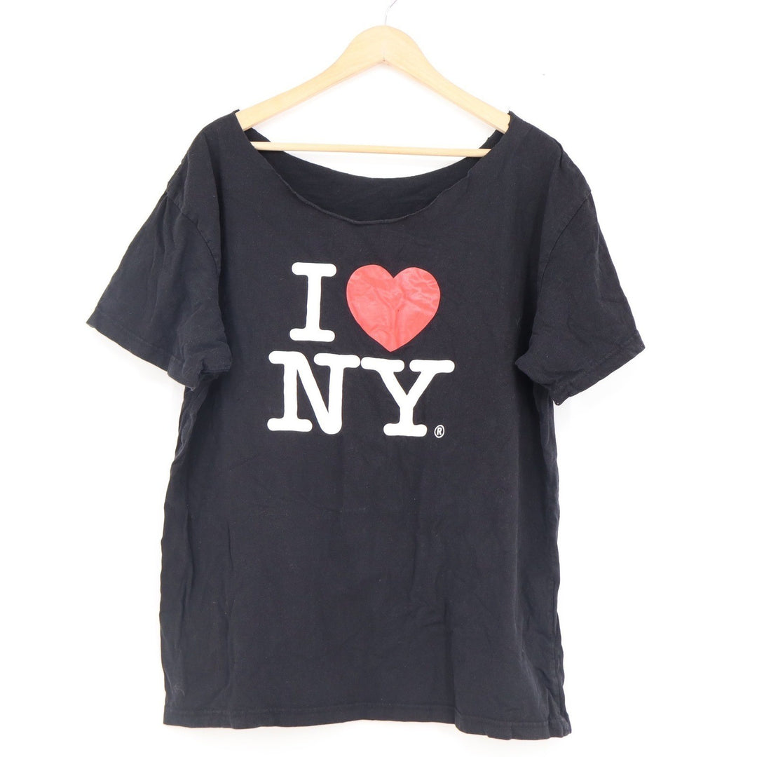 I Love NY T-Shirt Black Short Sleeve Graphic Heart Raw Scoop Neck Souvenir L XL