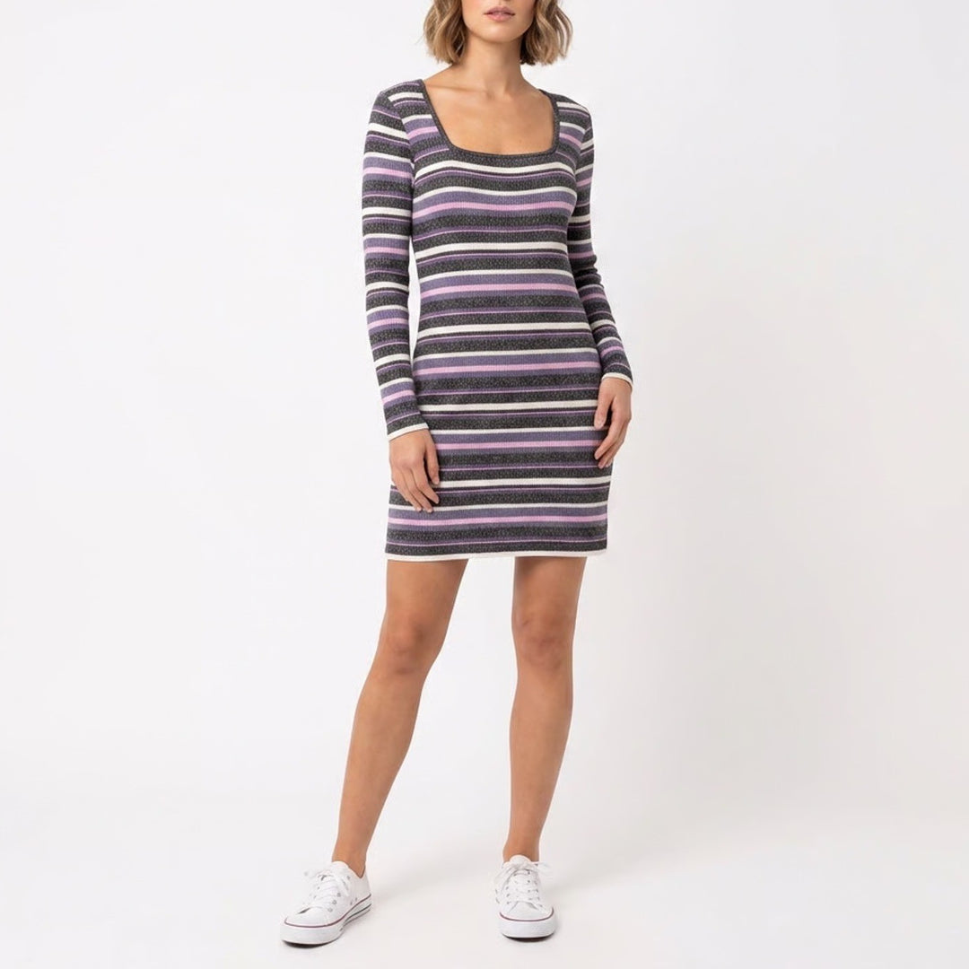 Striped Ribbed Knit Long Sleeve Scoop Neck Mini Sweater Dress Purple Grey White