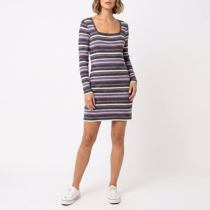 Striped Ribbed Knit Long Sleeve Scoop Neck Mini Sweater Dress Purple Grey White