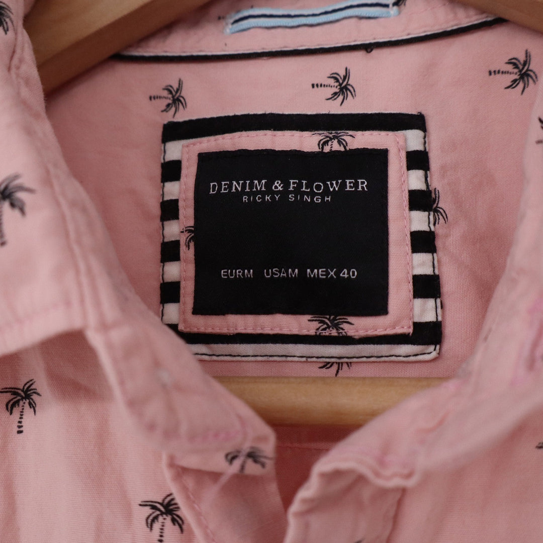 Denim & Flower Ricky Singh Mens Pink Palm Tree Print Short Sleeve Shirt Size M