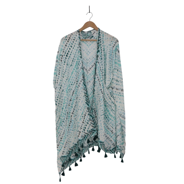 Modena Teal Abstract Chevron Tassel Kimono Wrap One Size Open Front Coverup