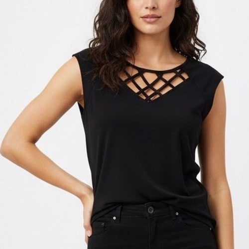 NEW YORK COMPANY Black Lattice Neck Tunic Top Womens Medium