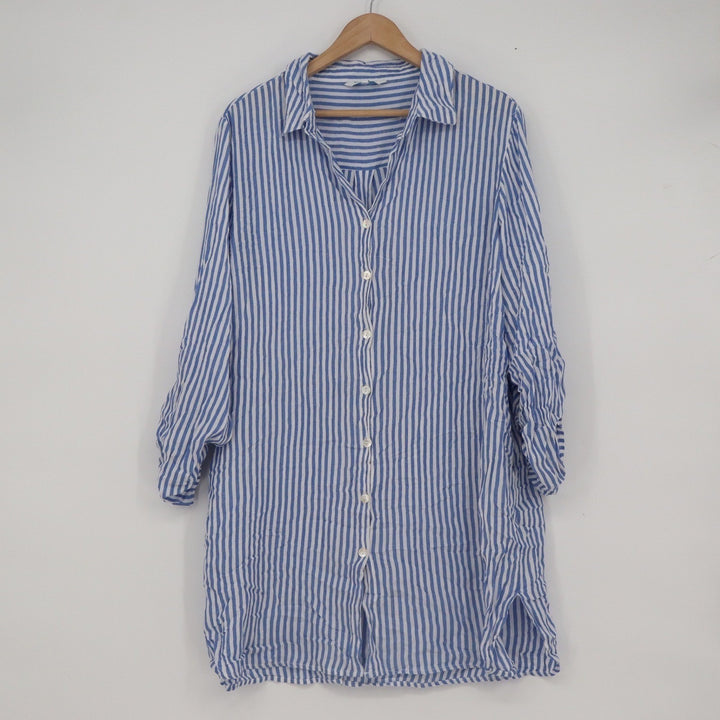 Blue Island Womens XL Blue White Striped Rayon Button Down Tunic Shirt