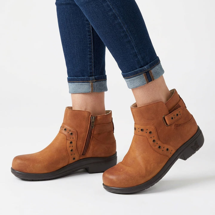 Alegria Zoe-739 Tan Leather Ankle Boots Perforated Buckle Zip Booties Womens 38