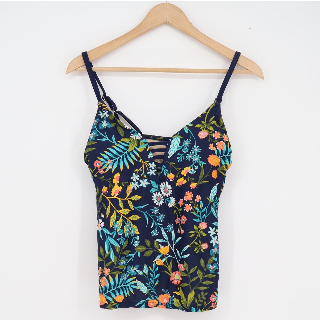 Kona Sol Navy Blue Floral Tropical Tankini Swim Top Small Strappy V-Neck