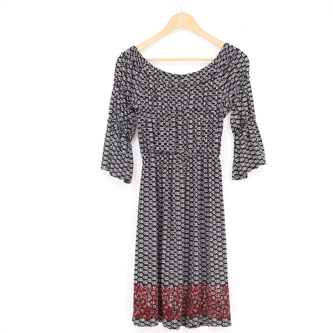 Sophie Max Womens Black White Geometric Print Bell Sleeve Smocked Dress Small