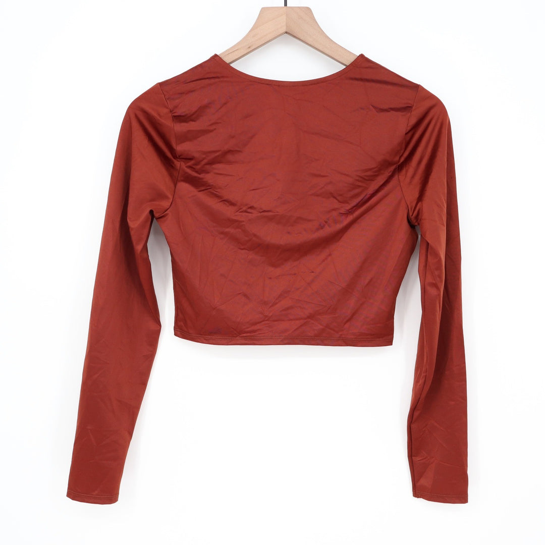 Calia Womens Ruched Long Sleeve Rashguard Red Brown Shine Small