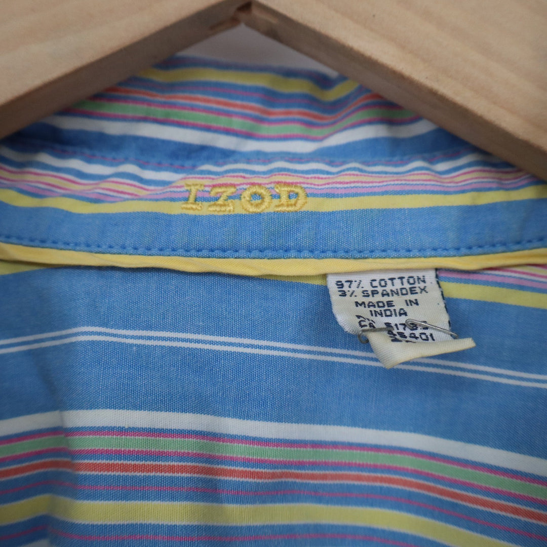 Izod Womens 2X Blue Pink Yellow Striped 3/4 Sleeve Button Front Shirt Stretch