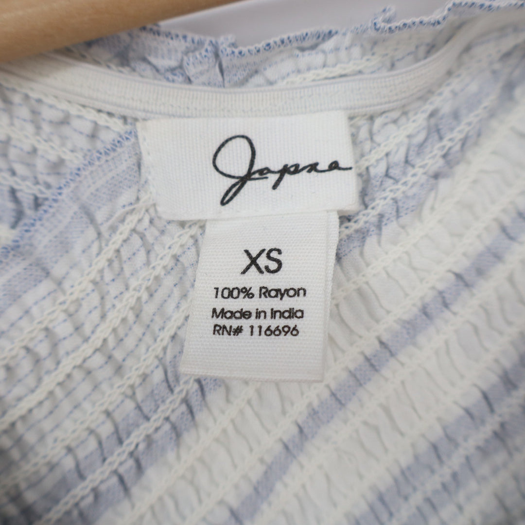 Japna Dress Womens XS Mini Blue White Striped Smocked Ruffle Good