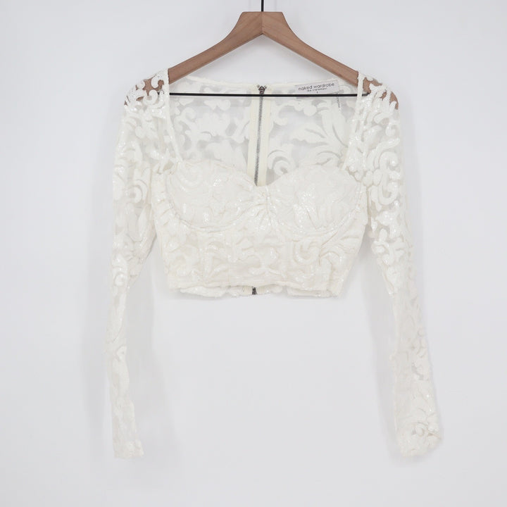 Naked Wardrobe The Statement White Sequin Lace Crop Top Small Long Sleeve