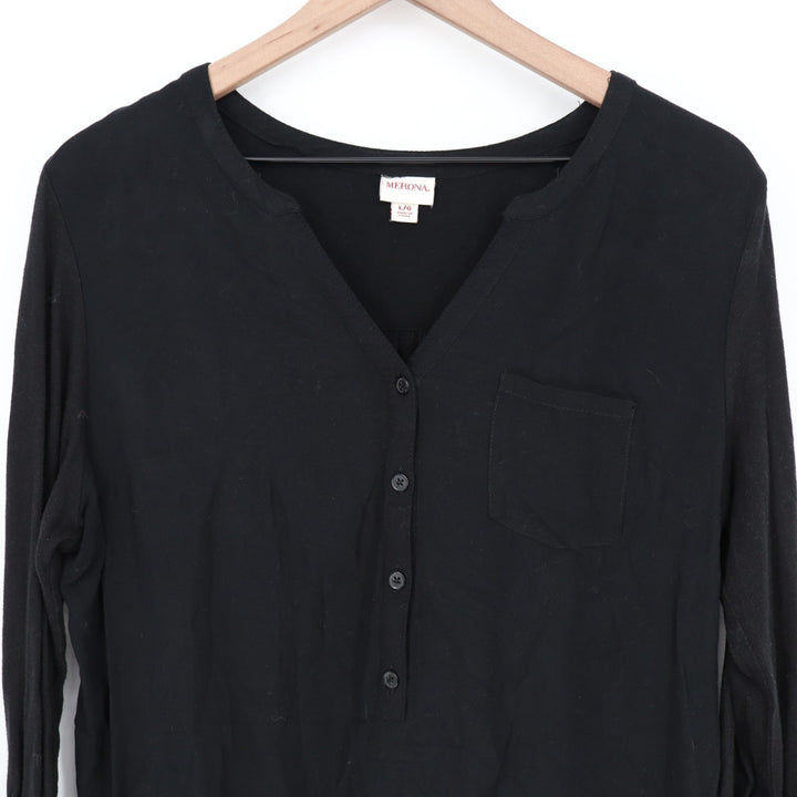 Merona Tunic Top Womens L Black Button Split Neck Roll Tab Sleeve Front Pocket