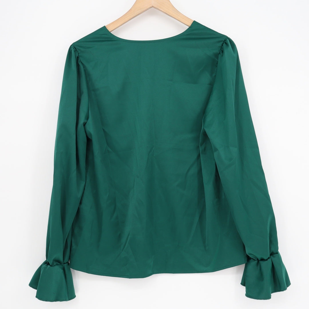 SHEIN Emerald Green V-Neck Flounce Cuff Blouse Long Sleeve Top Womens Size L