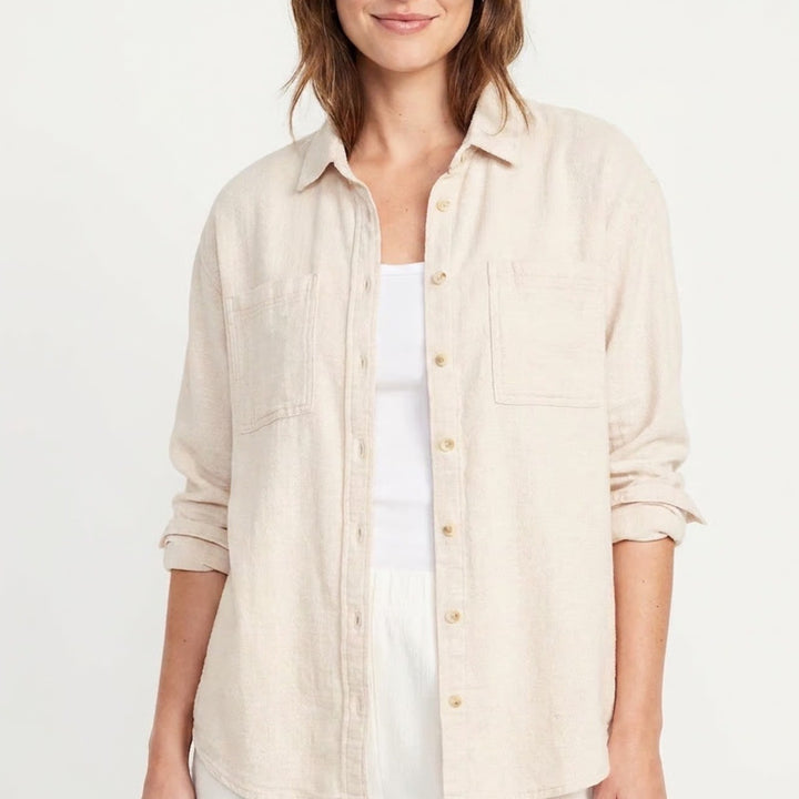 Old Navy The Boyfriend Shirt Beige Cream Button Down Long Sleeve Large