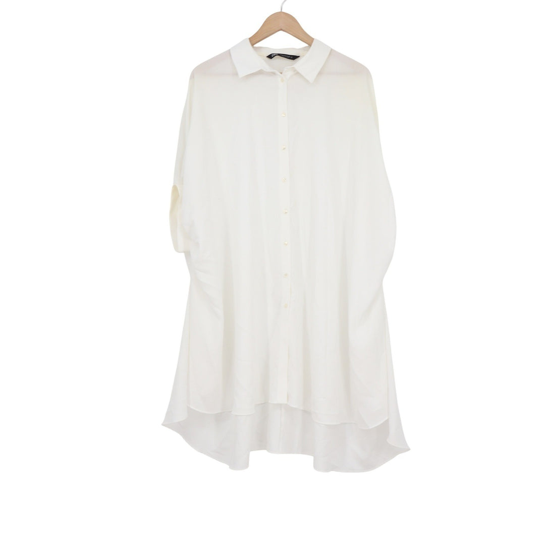 Zara Womens Oversized Button Down Shirt Dress White High Low Hem Short Sleeve S
