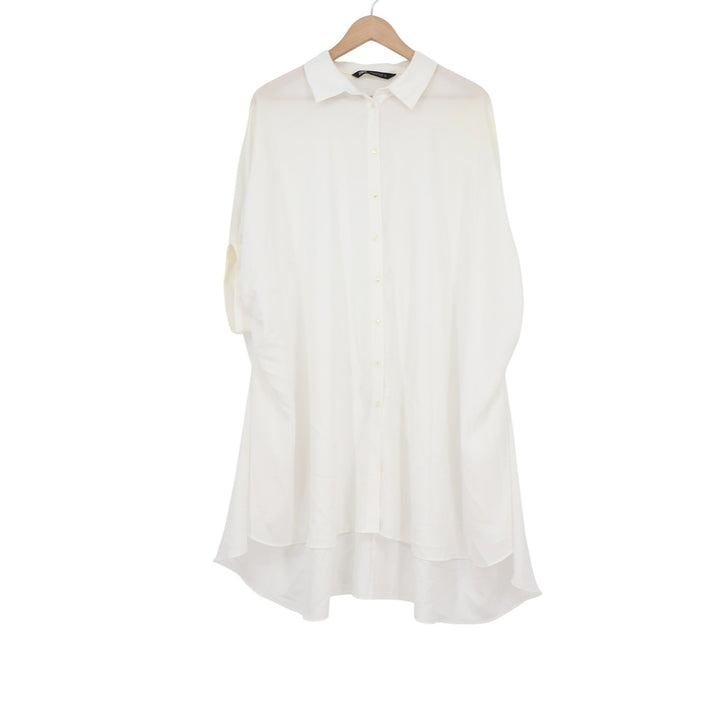 Zara Womens Oversized Button Down Shirt Dress White High Low Hem Short Sleeve S