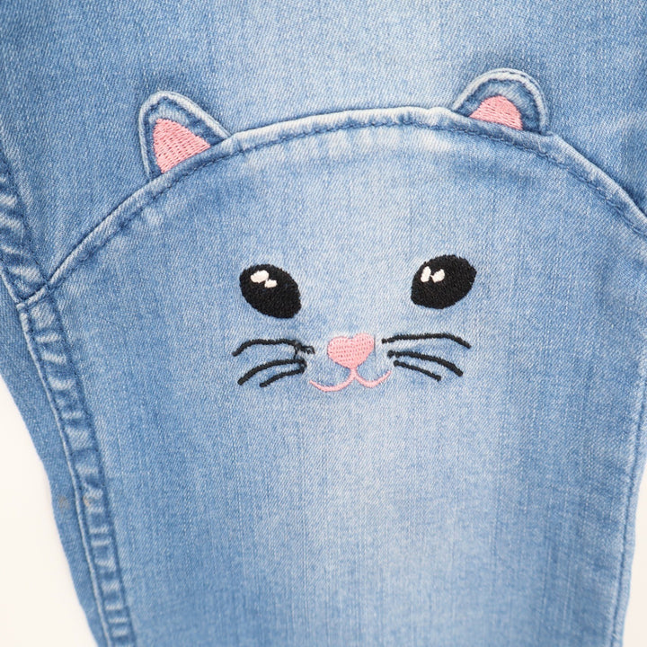 HM Girls Cat Face Knee Embroidery Jeggings Light Wash Blue Denim Size 14Y+