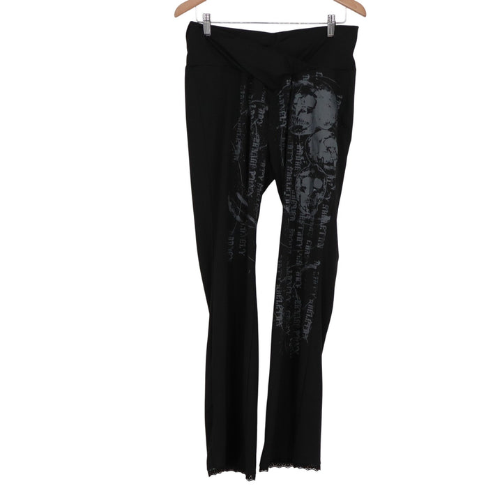 Romwe Black Skull Graphic Flare Pants Lace Trim V-Front XL US 12