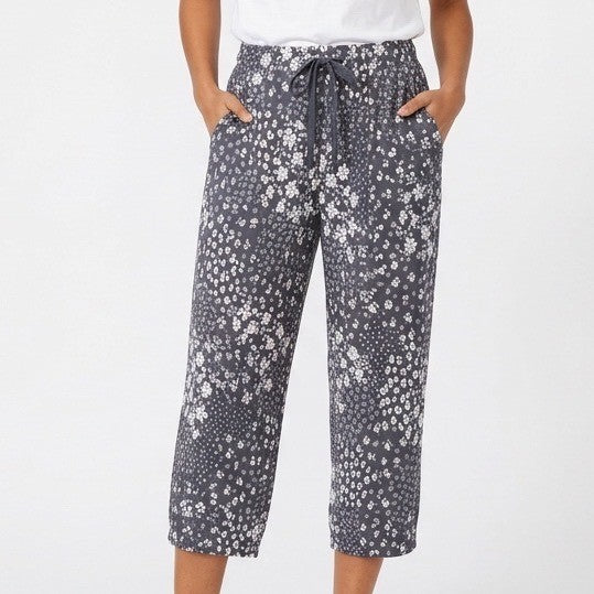 Pajama Pants Womens Medium Navy Floral Mid Rise Drawstring Waist Slash Pockets