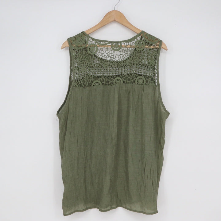 Olive Green Crochet Lace Yoke Sleeveless Boho Tank Top XXL Crinkle Texture