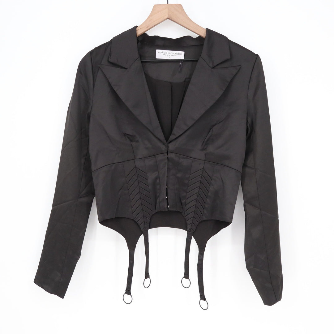 Naked Wardrobe The Statement Cropped Corset Garter Blazer Jacket Black  S