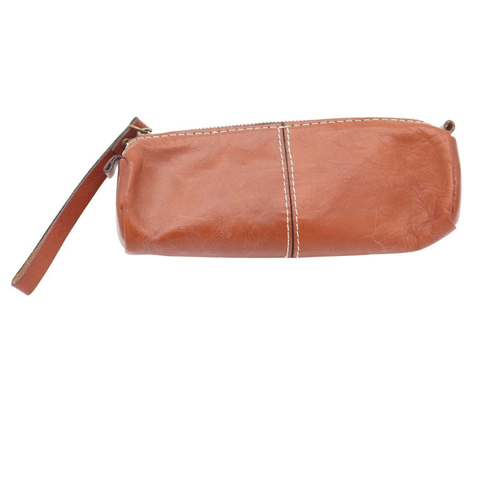 Patricia Nash Tan Leather Cosmetic Pouch Pencil Case Contrast Stitching