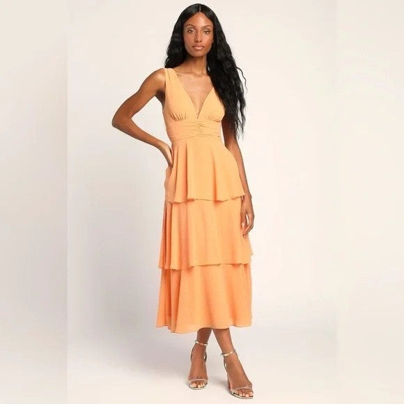 Lulus Celebration Time Light Orange Sleeveless Tiered Midi Dress Size M