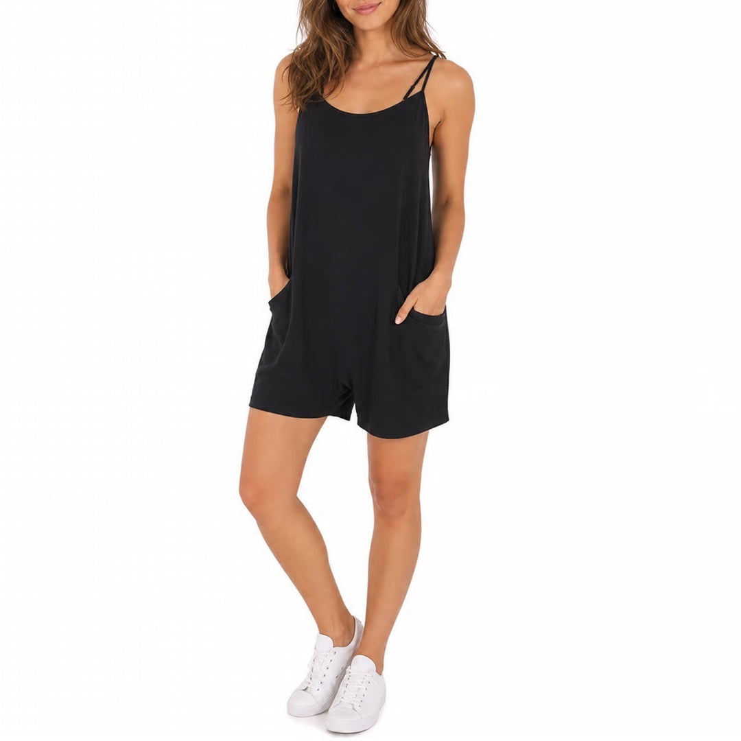 Fantaslook Black Relaxed Fit Romper Pockets Adjustable Straps Size M