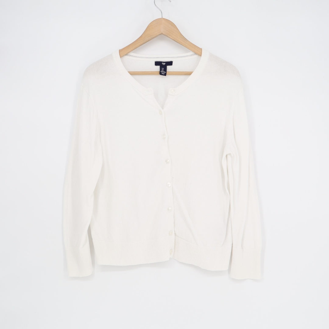 Gap Cardigan Sweater Womens Large White Knit Ribbed Button Front Round Neck