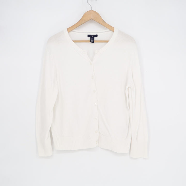 Gap Cardigan Sweater Womens Large White Knit Ribbed Button Front Round Neck