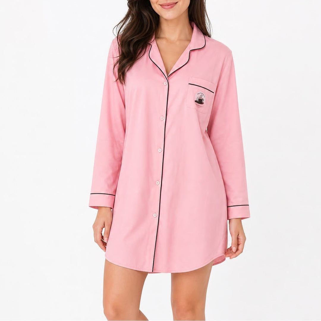 Mocha Moms Inc Pink Satin Nightshirt XL Button Down Long Sleeve Contrast Piping