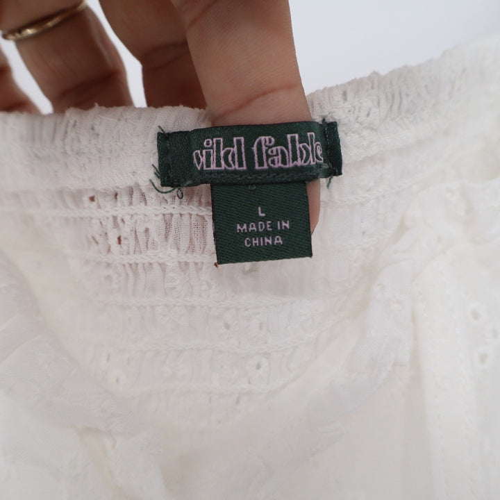 Wild Fable White Eyelet Puff Sleeve Corset Crop Top Large Smocked Back Cotton