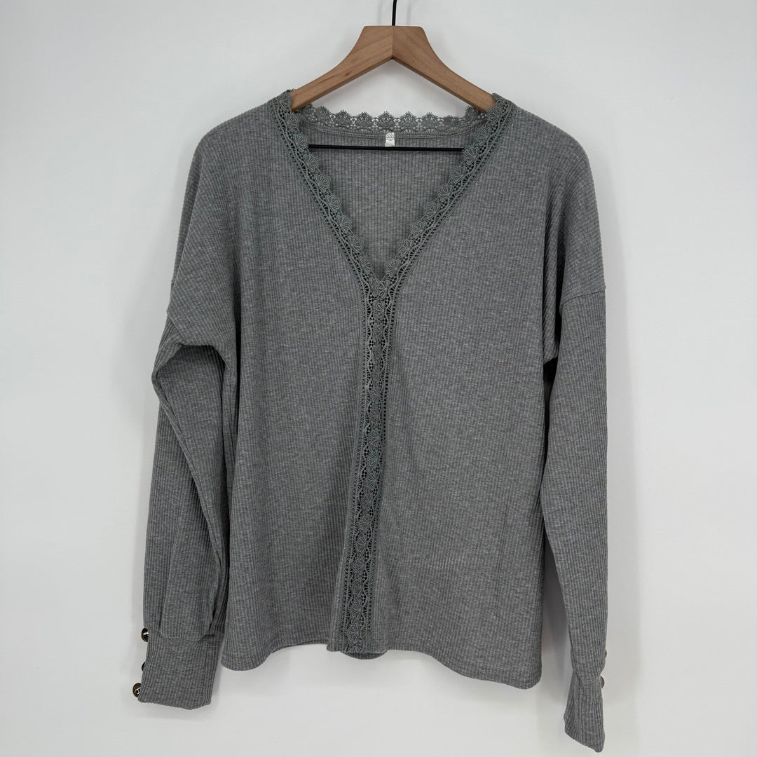 Gray Ribbed Long Sleeve Lace Trim V-Neck Button Cuff Casual Top Women's L
