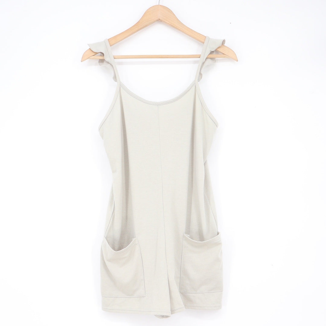 Sleeveless Ruffle Strap Romper Light Sage Green Front Pockets Size S