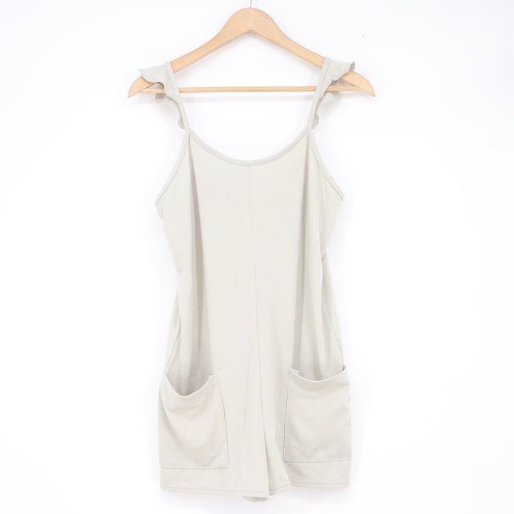 Sleeveless Ruffle Strap Romper Light Sage Green Front Pockets Size S