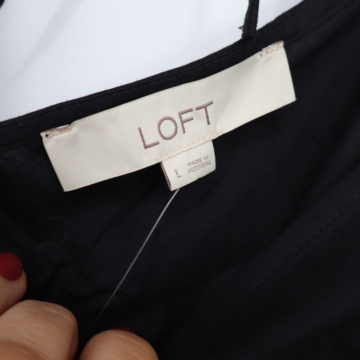 LOFT Blouse Women's L Black Puff Ruched Sleeve Tie Back New