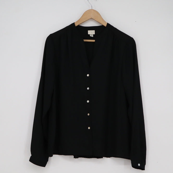 A New Day Womens Black Pleated Back Long Sleeve Button Down Blouse Size M