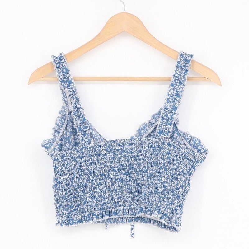 Shein Crop Tank Top Womens Large Blue Stretch Floral Ruffle Smocked Tie Front