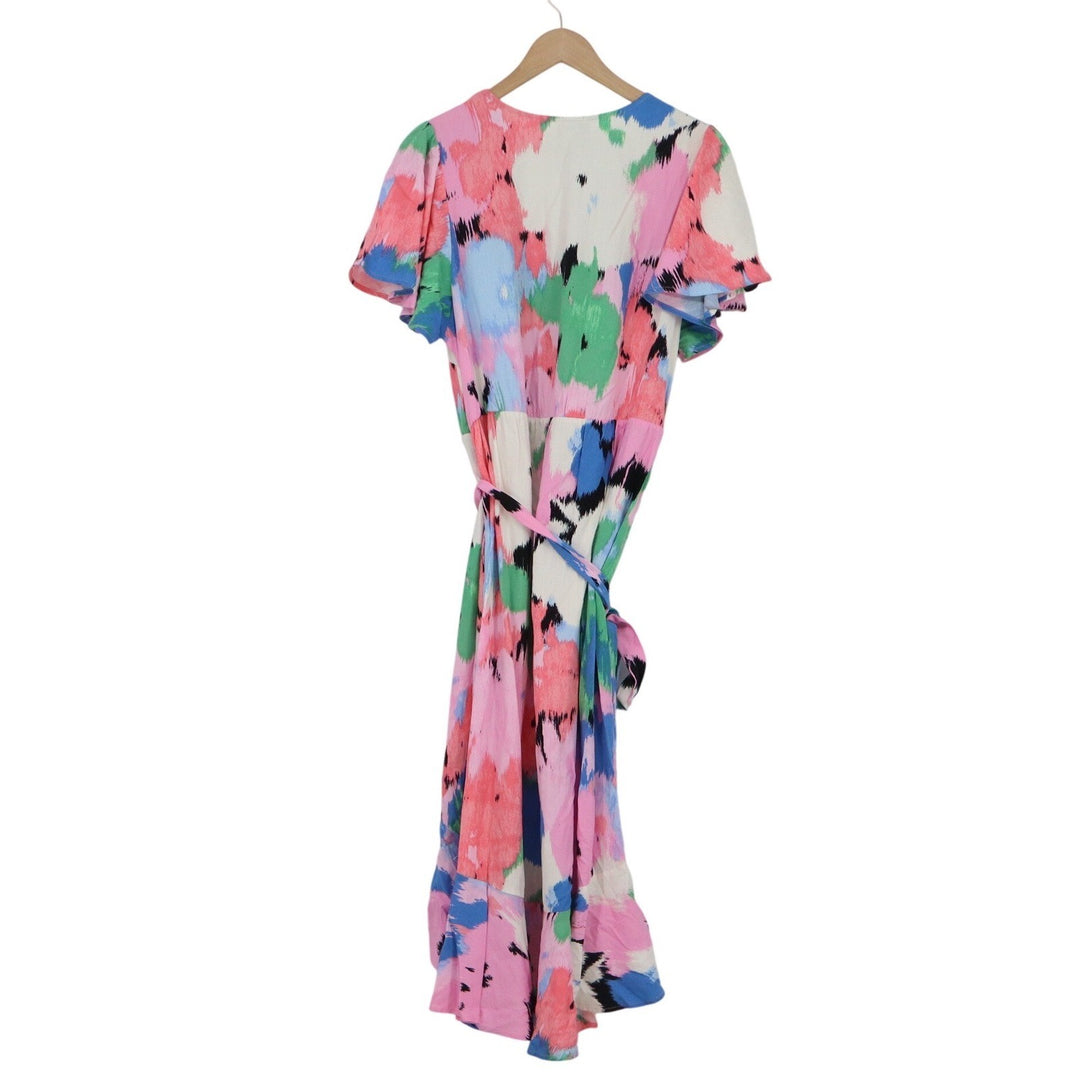 Ava & Viv XXL Abstract Floral Wrap Dress Pink Blue Green High Low Ruffle Midi