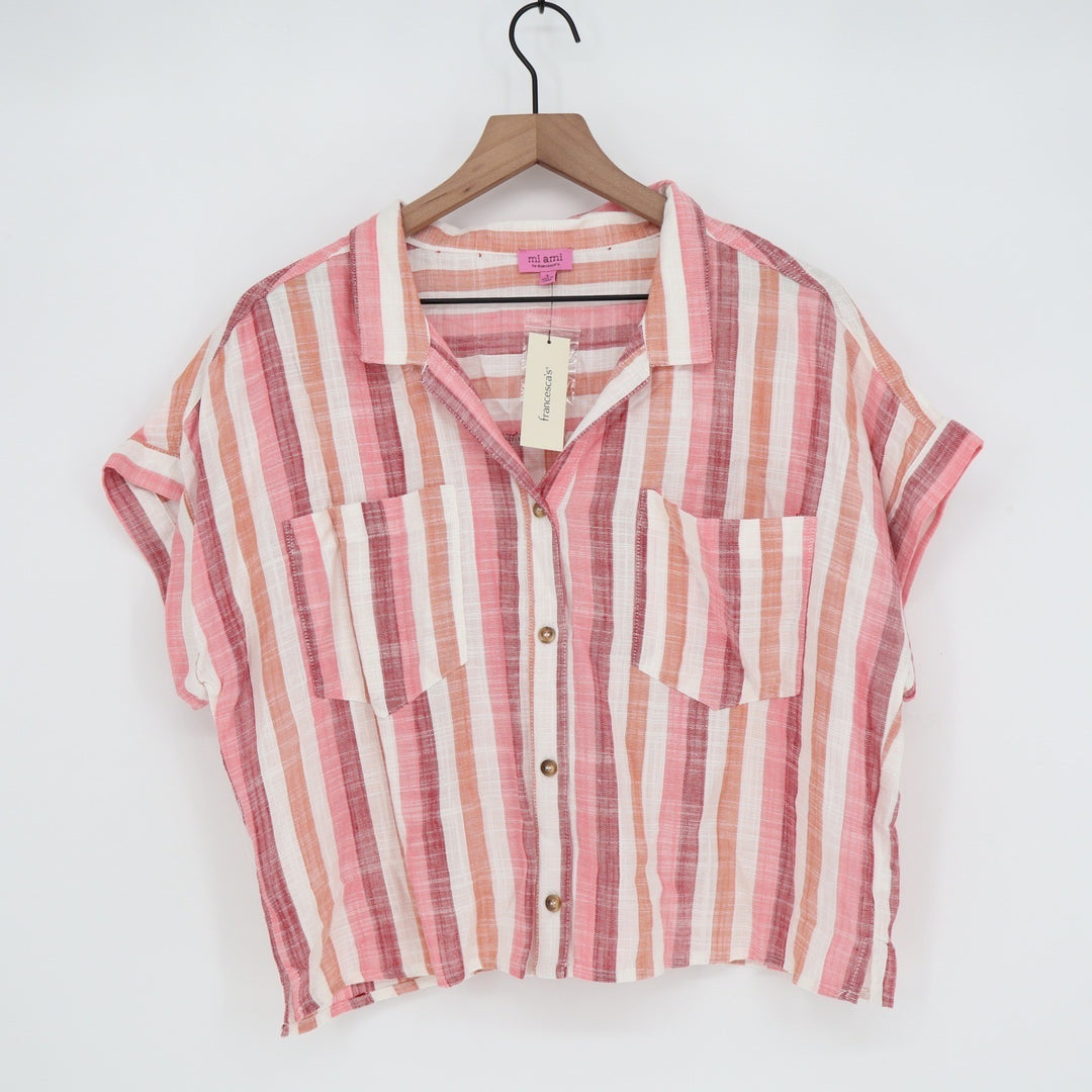 Francesca's mi ami Pink Striped Linen Blend Button Up Shirt Womens L