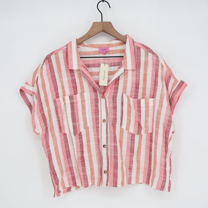 Francesca's mi ami Pink Striped Linen Blend Button Up Shirt Womens L