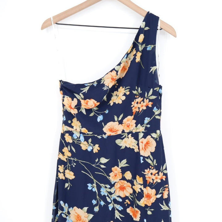 Lulus Elegant Admiration One Shoulder Maxi Dress Womens Medium Navy Blue Floral