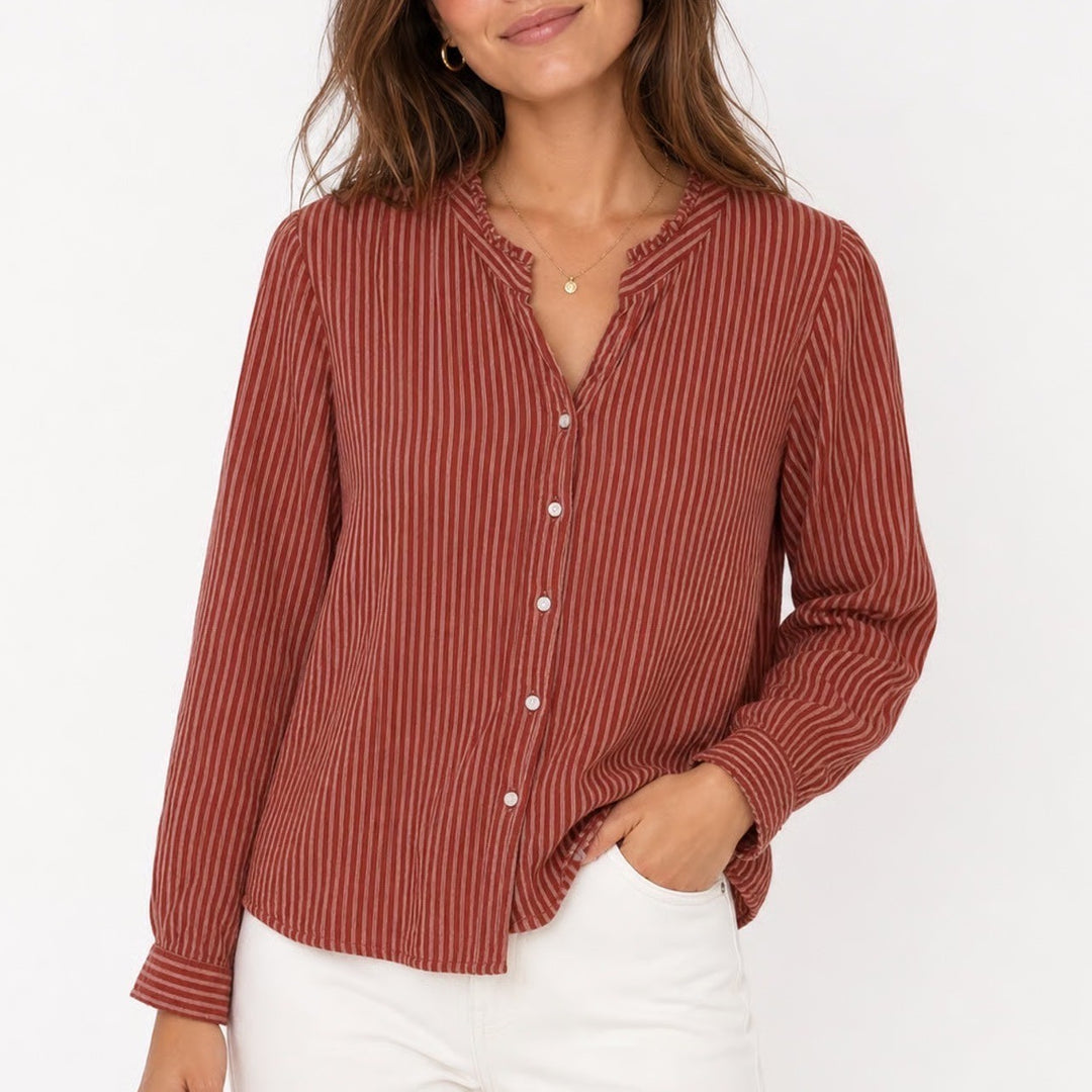 Knox Rose Rust Red Striped Ruffle Collar Button Down Blouse XL Long Sleeve