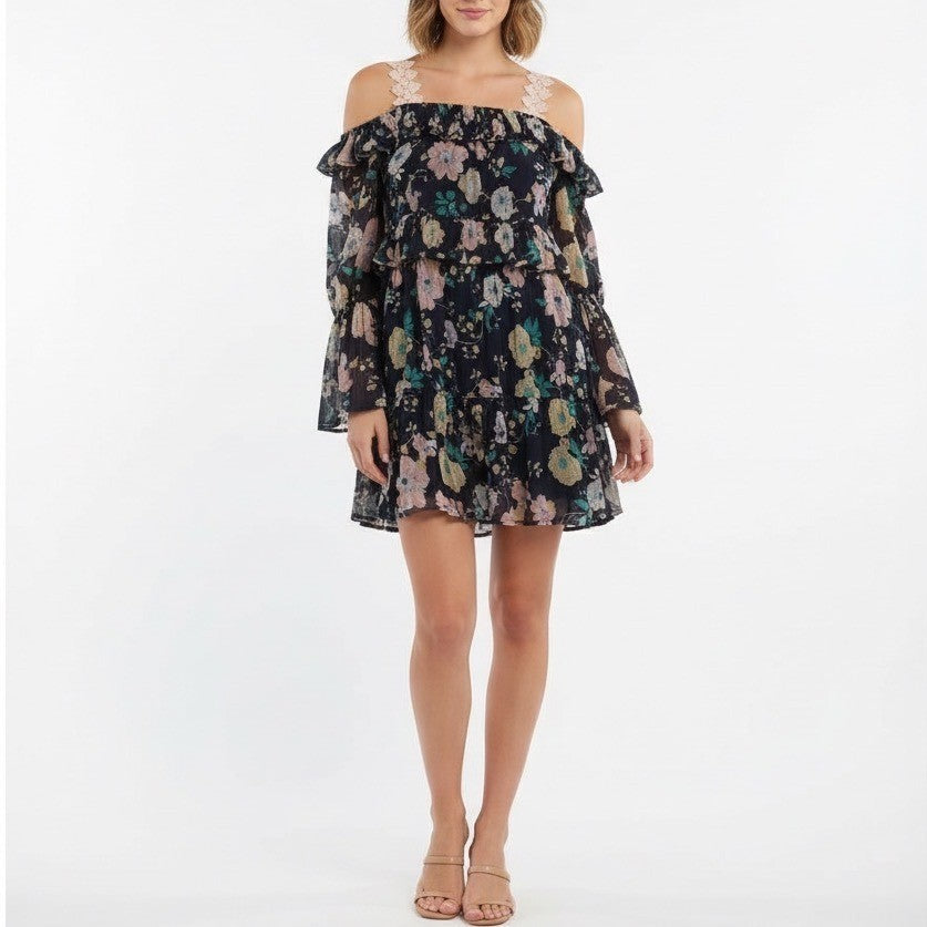 Foxiedox Brylee Mini Dress Womens Small Floral Pleated Ruffle Hem Cold Shoulder