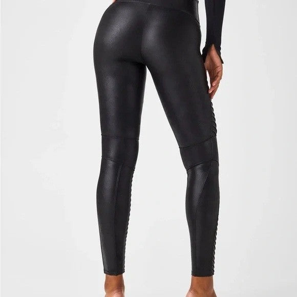 SPANX Moto Velvet Leggings Black High Waist Moto Paneled Size L